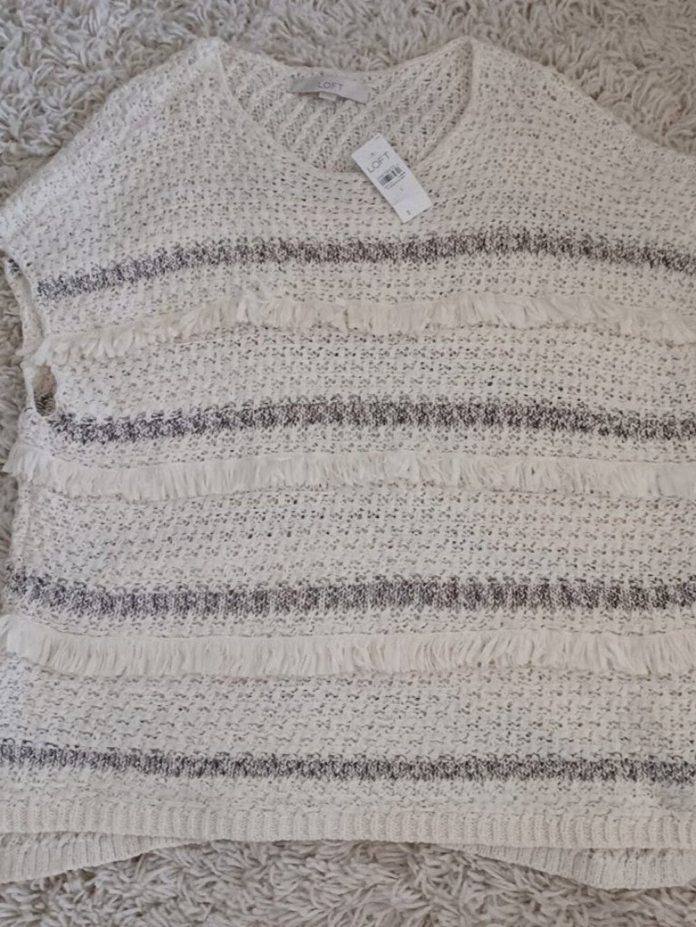 LOFT NWT Large Cream Fringe Knit Sweater Short Sleeve Open Weave Textured Top